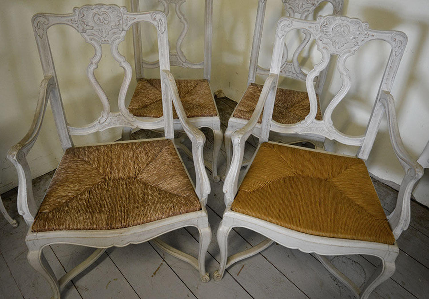 Set of six painted oak Louis XIV/XV style transition chairs