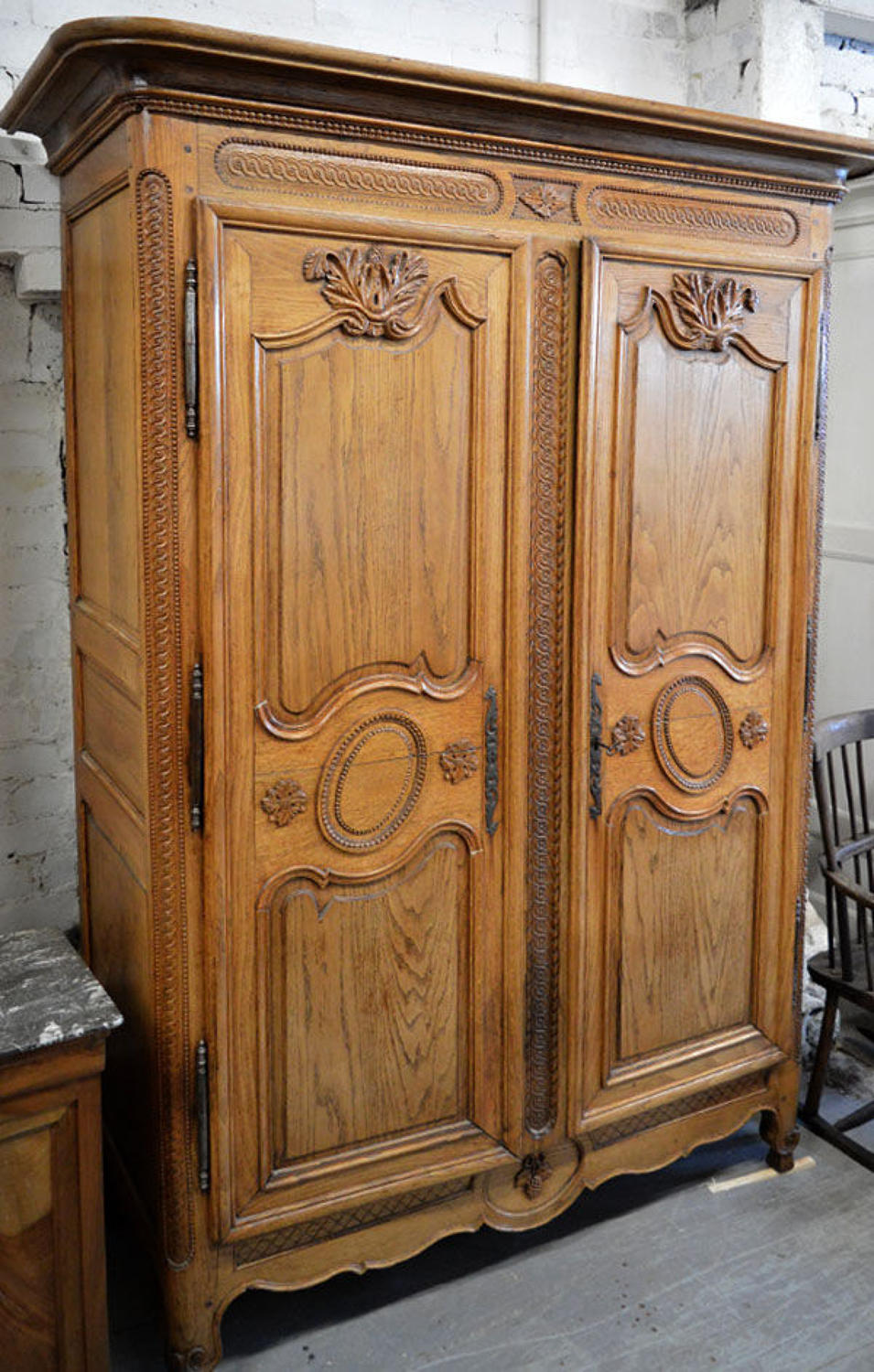 Beautiful 18thC solid carved Oak Rouen Marriage armoire