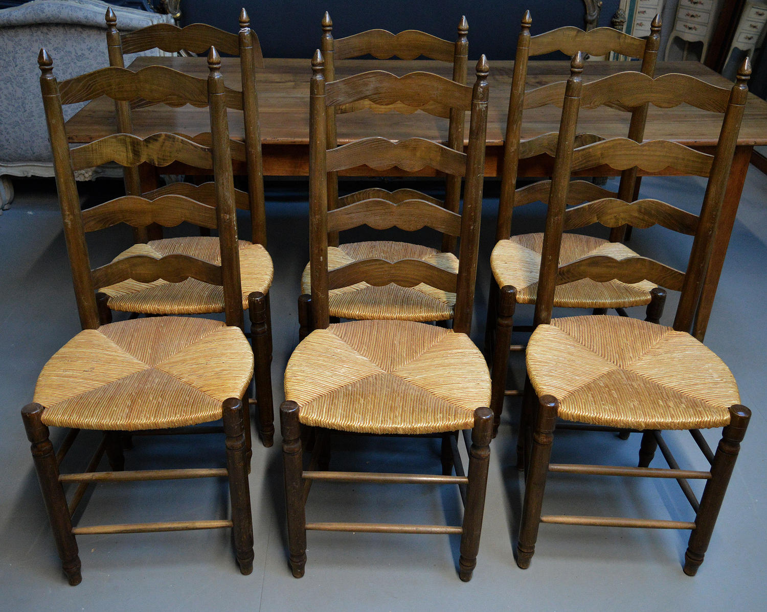 Set of 6 Ladder-back rush seated country chairs