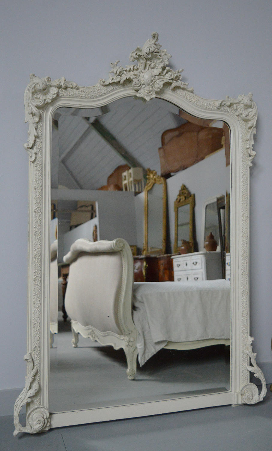Large 19th Century painted antique white Louis XV French mirror