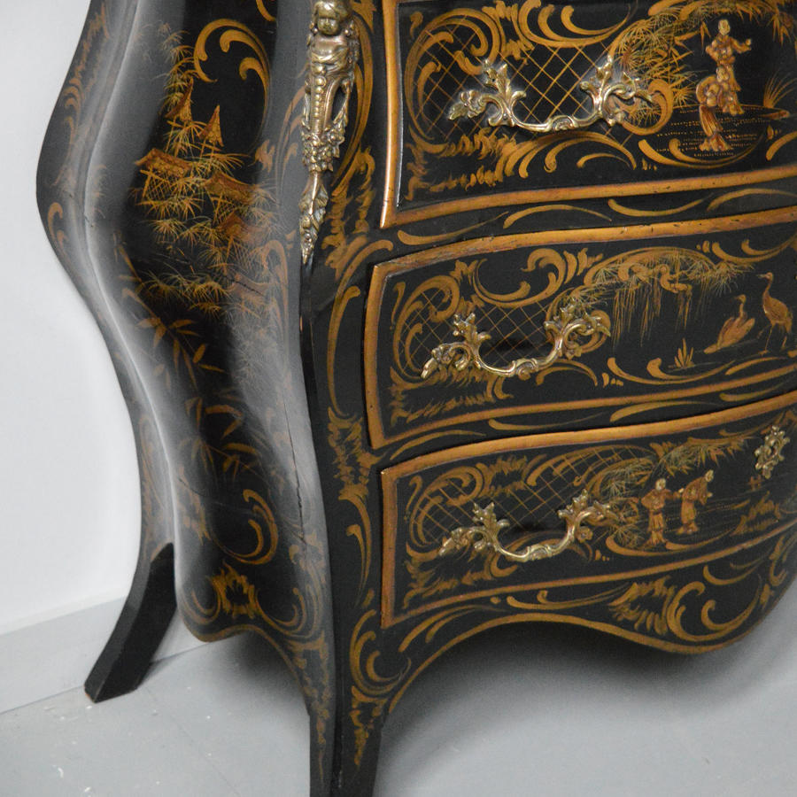 Venetian chinoiserie lacquer black Japanned commode chest of drawers