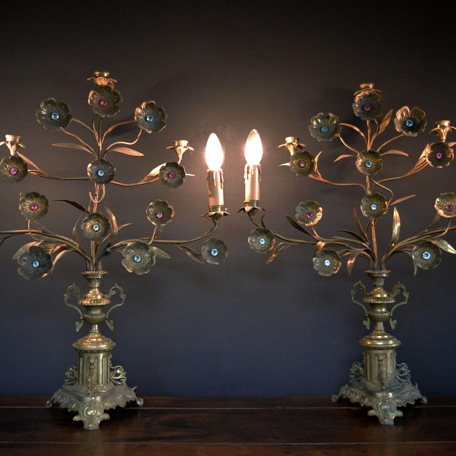 Pair of Large Floral Brass 5 arm Candlesticks / Lamps
