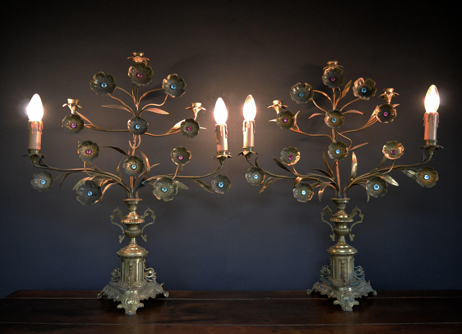 Pair of Large Floral Brass 5 arm Candlesticks / Lamps