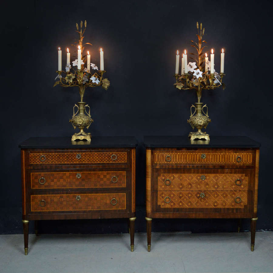 Pair of Louis XVI style inlaid commodes