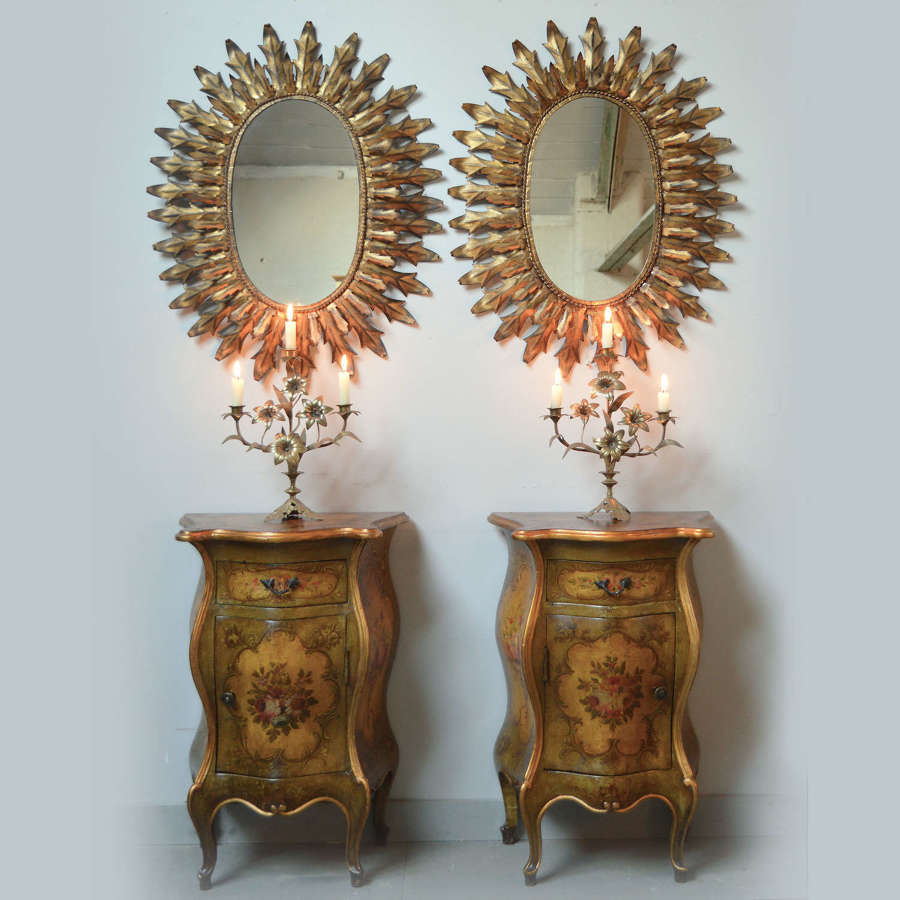 Pair of Mid Century Spanish Gilt metal leaf sun mirrors
