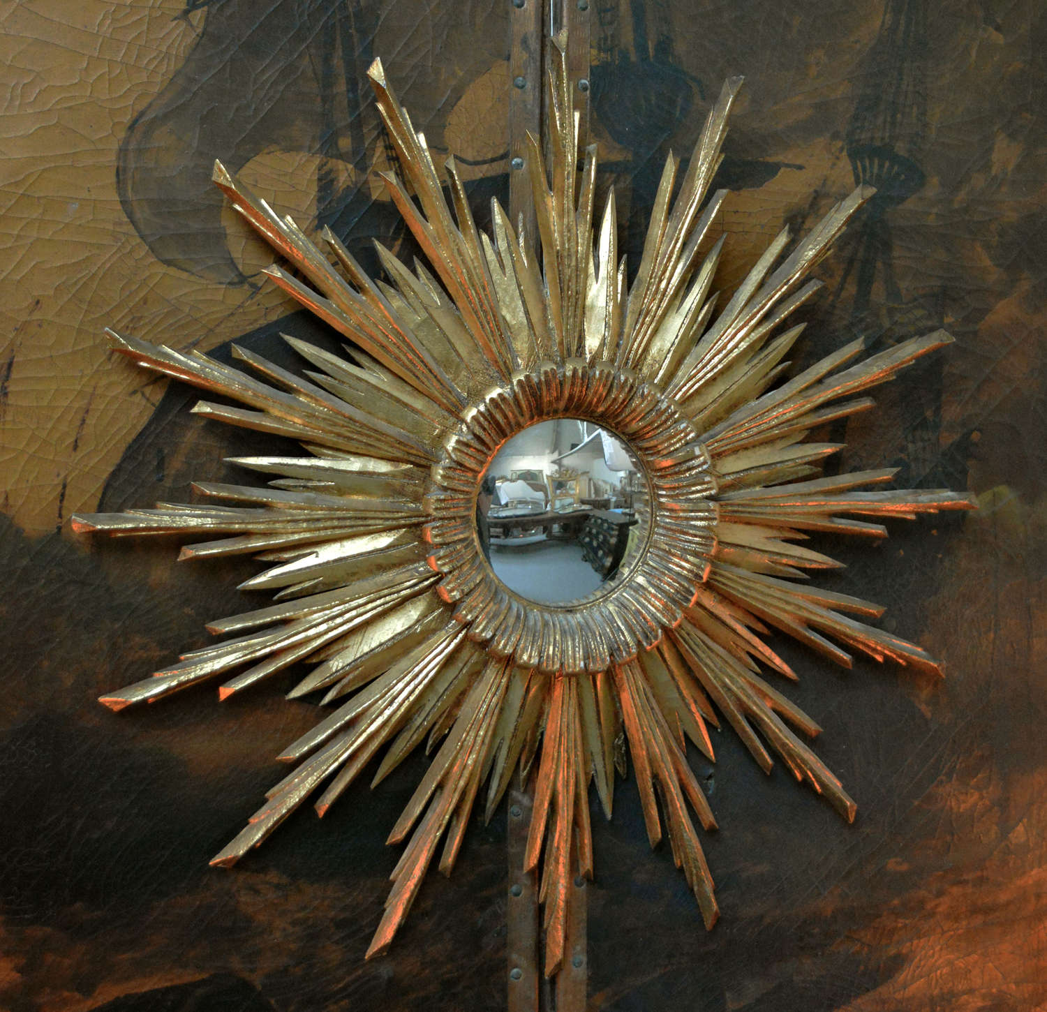 Mid century Spanish giltwood convex sun mirror