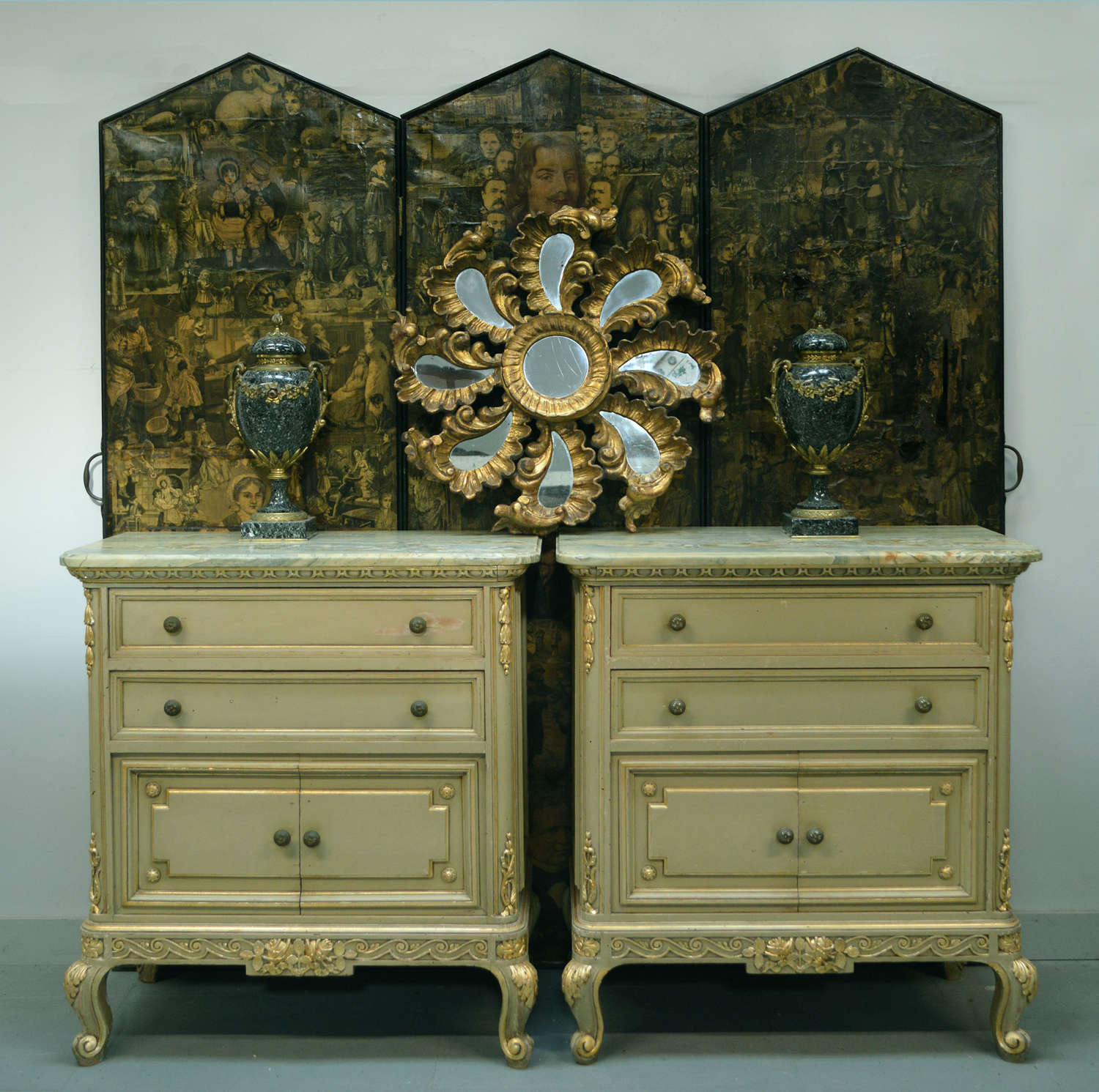 Pair of Louis XVI style marble top cabinets