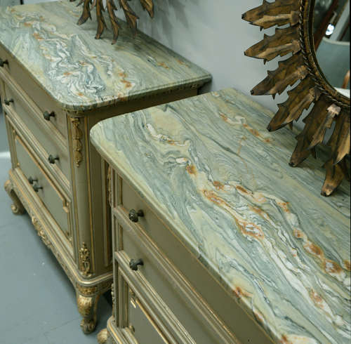 Pair of Louis XVI style marble top cabinets