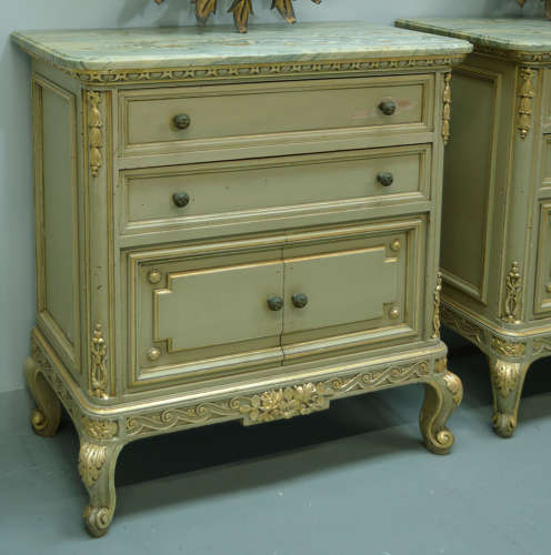 Pair of Louis XVI style marble top cabinets