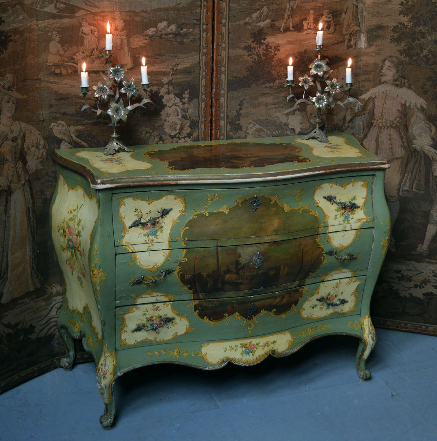 Large Venetian hand painted bombe commode