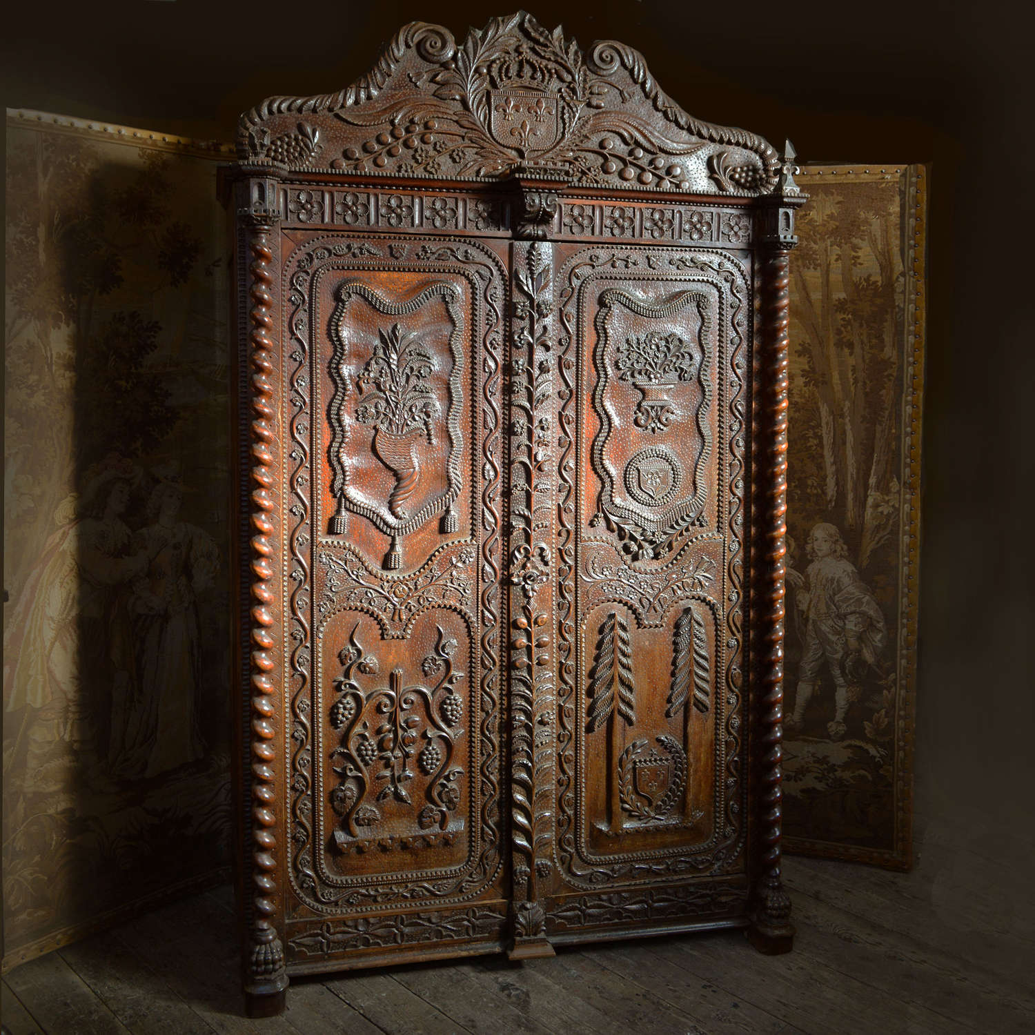 French Colonial cherry marriage armoire.